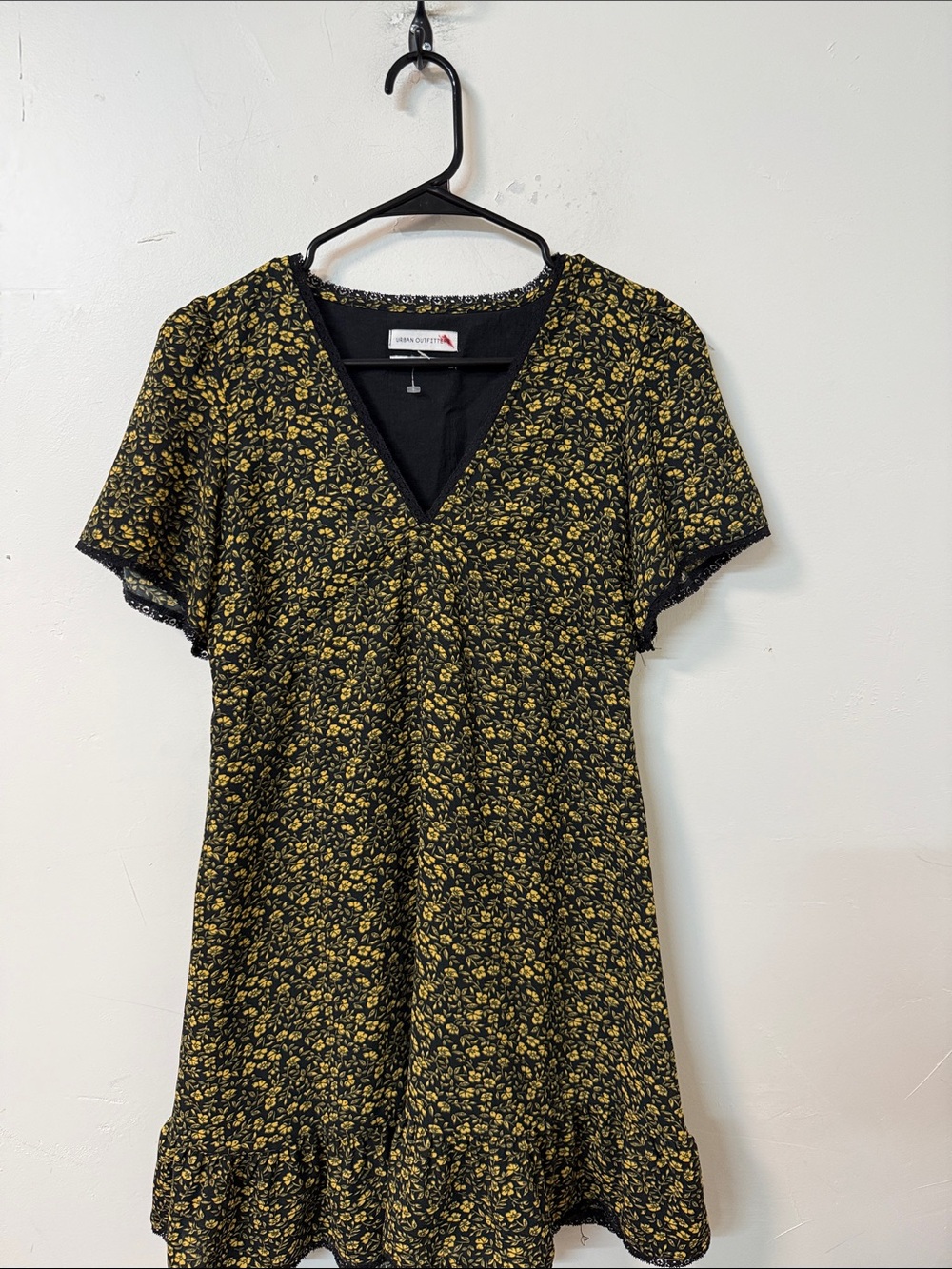 Urban Outfitters Black and Yellow Ditsy Floral V-Neck Mini Dress